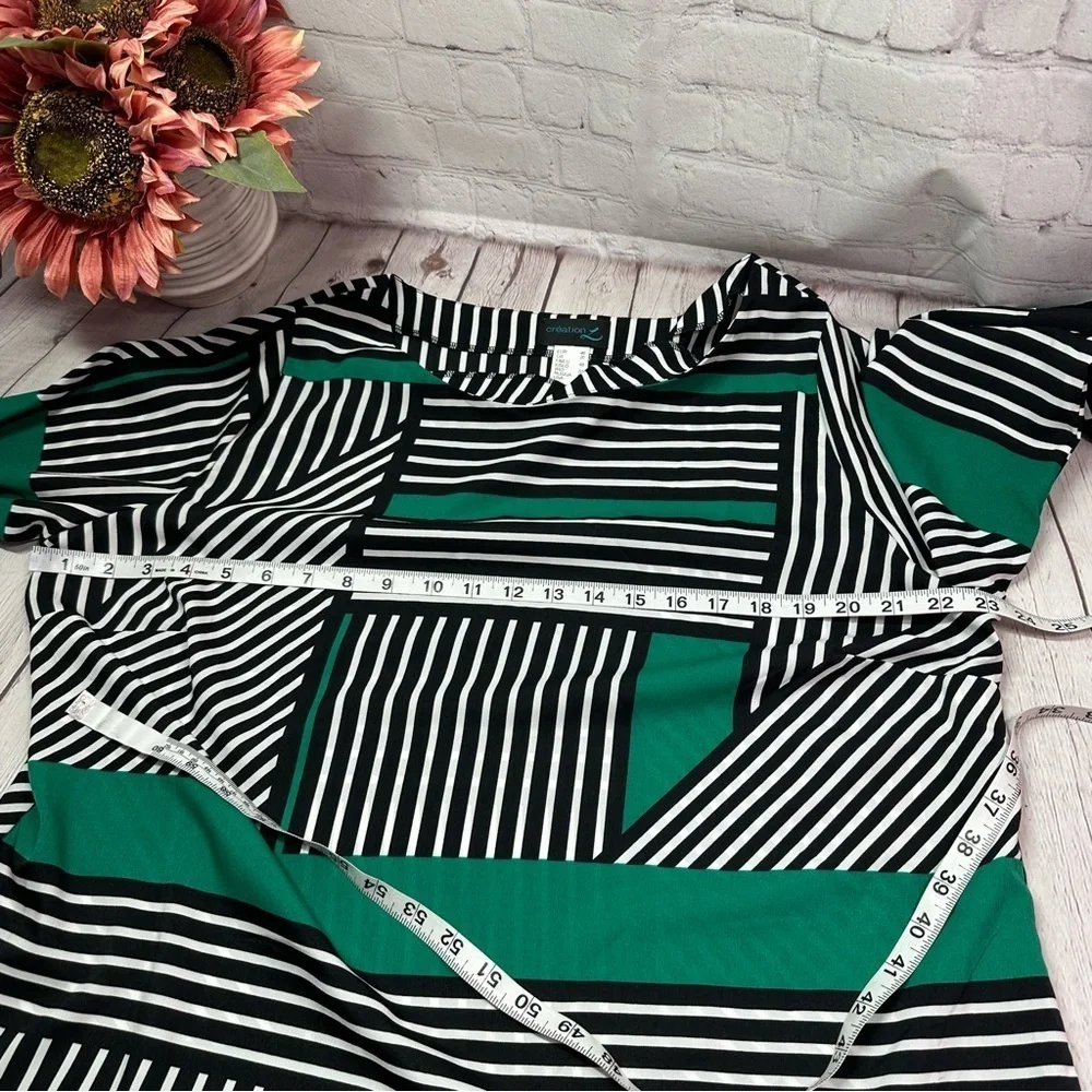 creation Striped Green Black tunic Top dolman sleeve sz 14 abstract asymetrical